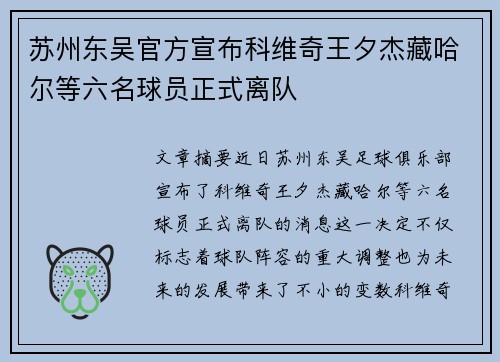 苏州东吴官方宣布科维奇王夕杰藏哈尔等六名球员正式离队 苏州东吴官方宣布科维奇王夕杰藏哈尔等六名球员正式离队