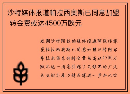 沙特媒体报道帕拉西奥斯已同意加盟 转会费或达4500万欧元 沙特媒体报道帕拉西奥斯已同意加盟 转会费或达4500万欧元